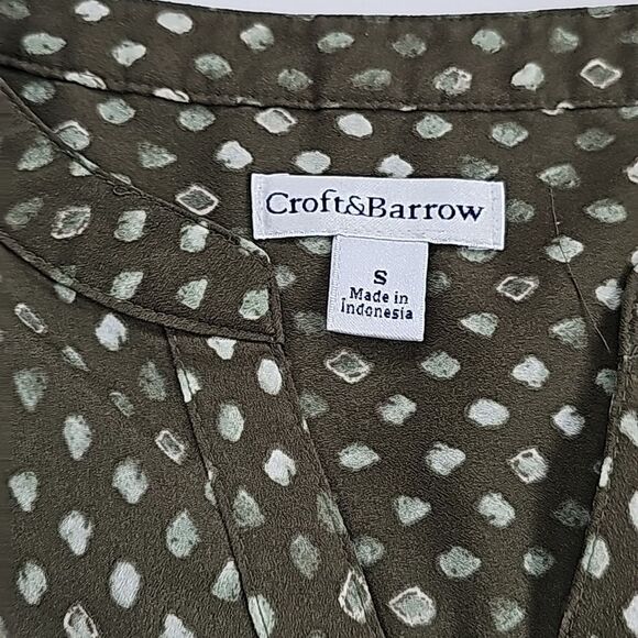 Croft & Barrow -1517 Olive White Speckled Split V-Neck Chest Pockets Blouse S - Picture 4 of 7